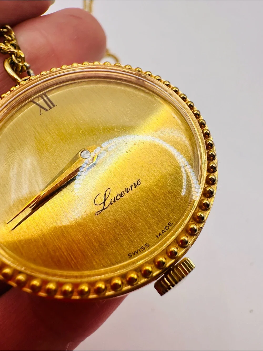 Lucerne Vintage Swiss Pendant Watch Necklace Gold Tone Working
